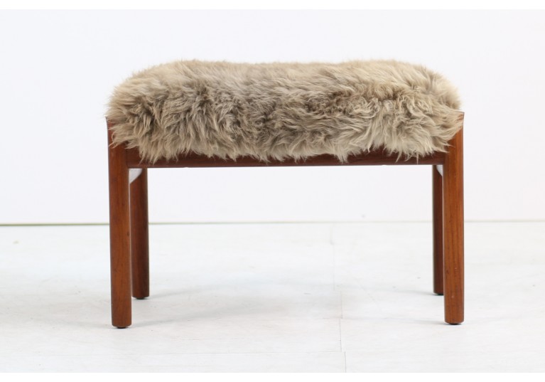 Beautiful 1960s Danish Teak Stool with Sheepskin Upholstery