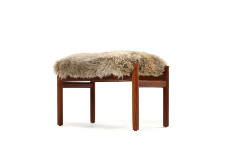 Beautiful 1960s Danish Teak Stool with Sheepskin Upholstery