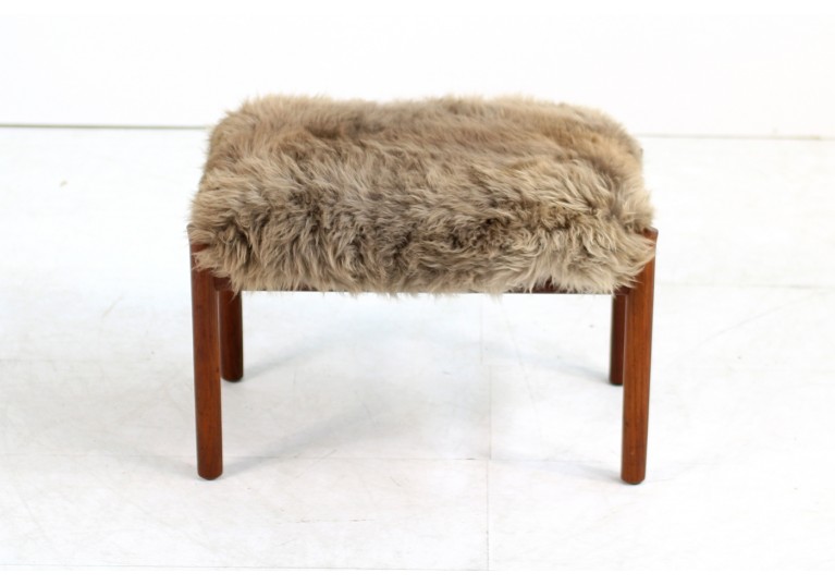 Beautiful 1960s Danish Teak Stool with Sheepskin Upholstery