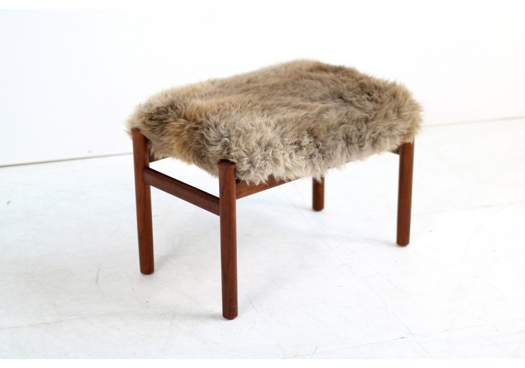 Beautiful 1960s Danish Teak Stool with Sheepskin Upholstery