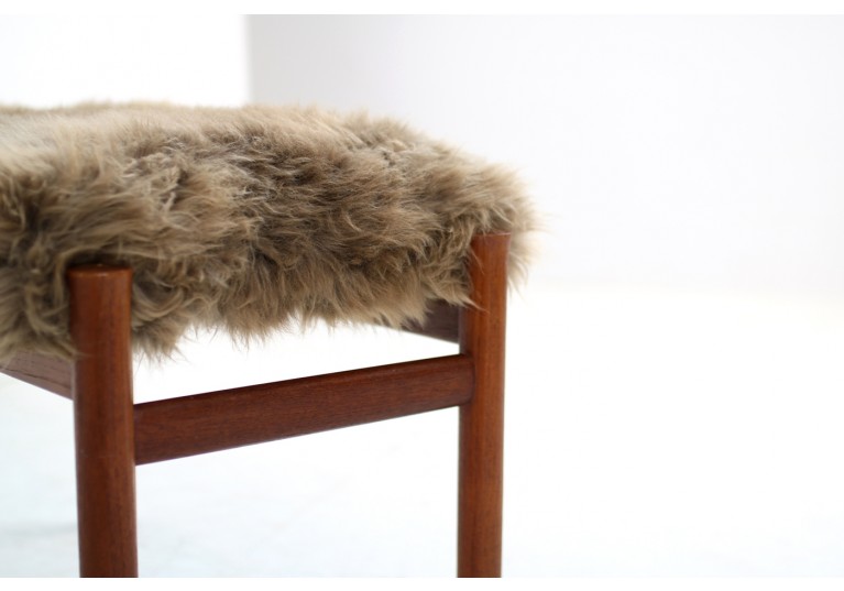 Beautiful 1960s Danish Teak Stool with Sheepskin Upholstery
