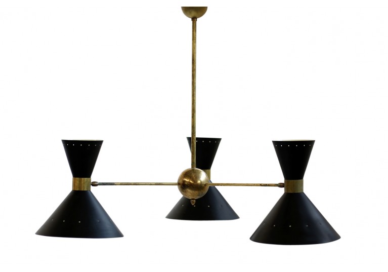 Metal & Messing Lampe, Kronleuchter, Stilnovo Style, Chandelier, 60er, 1960s