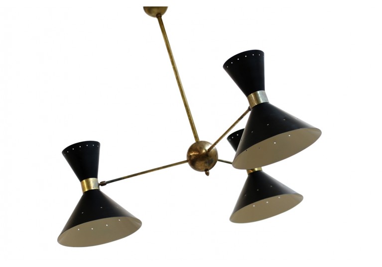 Metal & Messing Lampe, Kronleuchter, Stilnovo Style, Chandelier, 60er, 1960s