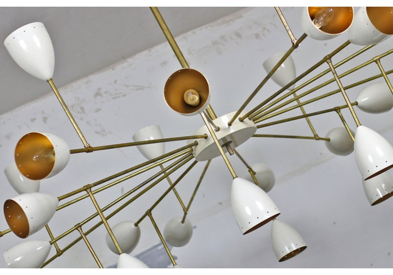 Riesiger Kronleuchter, brass chandelier in the manner of Stilnovo, Arredoluce, 60er, Messing und Metall
