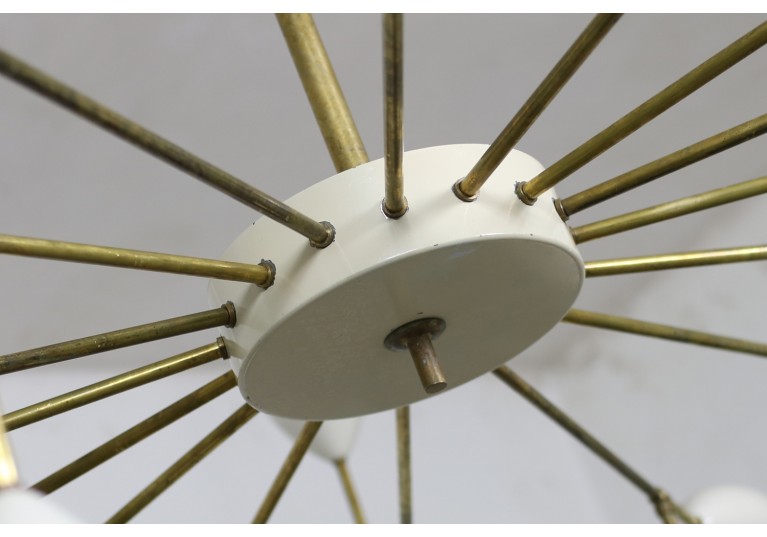 Riesiger Kronleuchter, brass chandelier in the manner of Stilnovo, Arredoluce, 60er, Messing und Metall