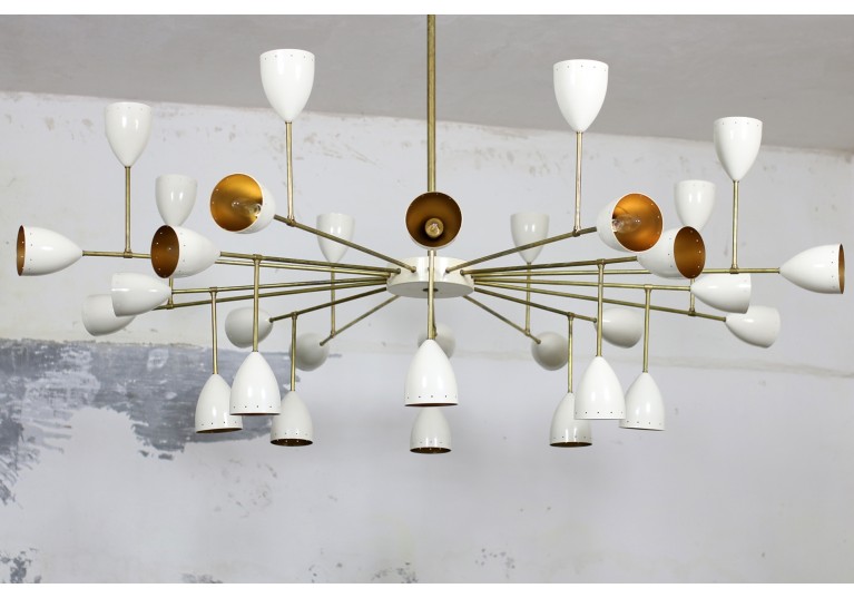 Riesiger Kronleuchter, brass chandelier in the manner of Stilnovo, Arredoluce, 60er, Messing und Metall