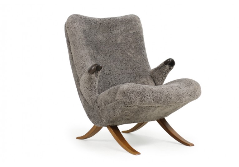 50er Sessel, organische Form, Papa Bear Lounge Chair, Sheepskin, 50er Sessel, Buchenholz
