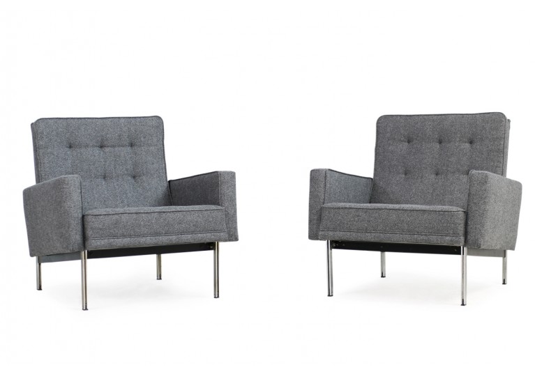 50er Sessel, Knoll International, Florence Knoll, Parallel Bar Lounge Chairs, 60er Jahre, Neubezug, Wolle, Webstoff