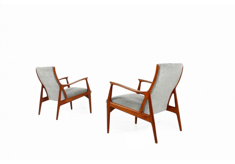 60er Teak Sessel, Danish Modern Easy Chairs, Horsnaes Denmark, Webstoff grau
