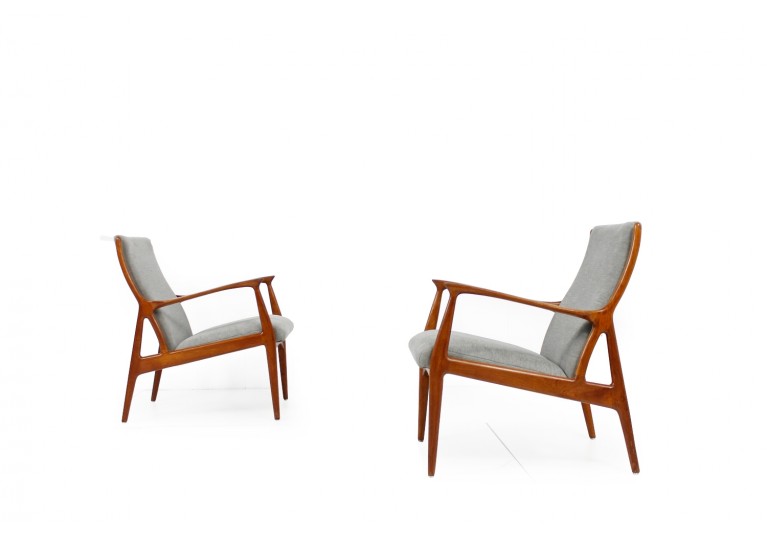 60er Teak Sessel, Danish Modern Easy Chairs, Horsnaes Denmark, Webstoff grau