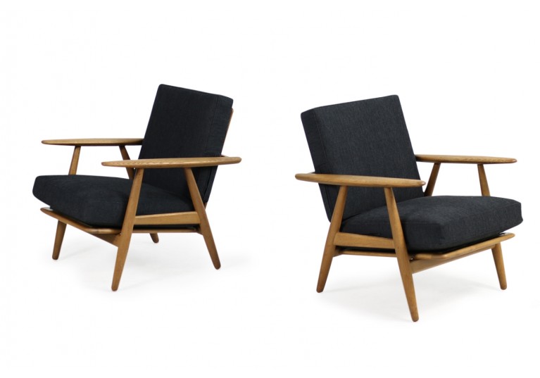1950s Hans J. Wegner GE 240 Oak Cigar Easy Lounge Chairs & Ottoman