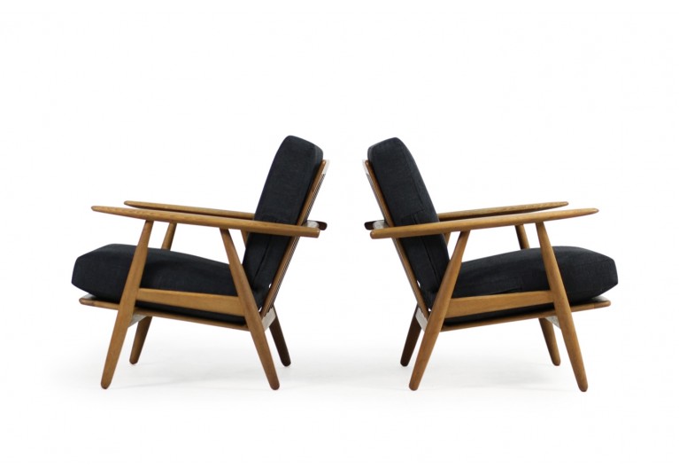 1950s Hans J. Wegner GE 240 Oak Cigar Easy Lounge Chairs & Ottoman