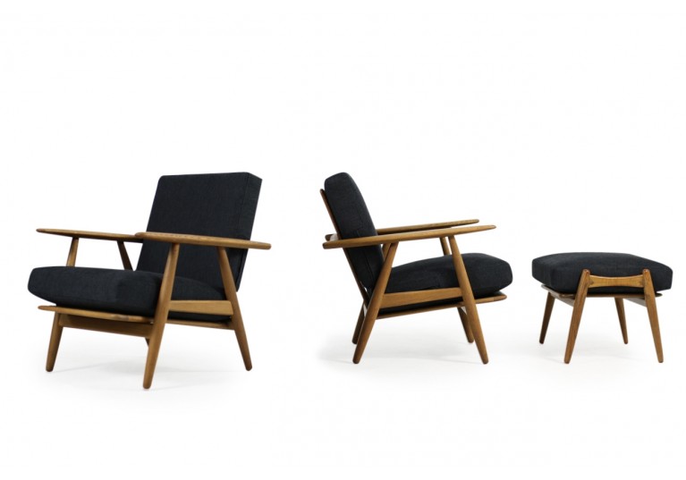 1950s Hans J. Wegner GE 240 Oak Cigar Easy Lounge Chairs & Ottoman