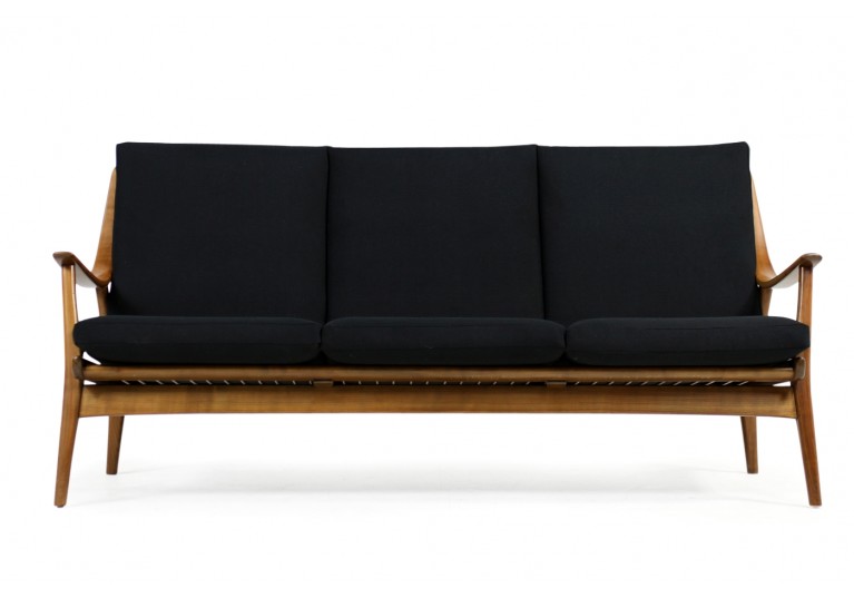 60er Buche Sofa, Boomerang, Couch, Webstoff schwarz