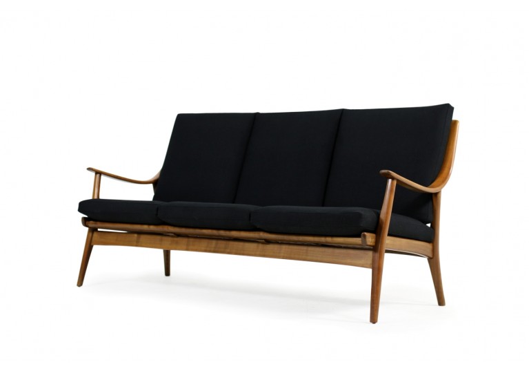 60er Buche Sofa, Boomerang, Couch, Webstoff schwarz