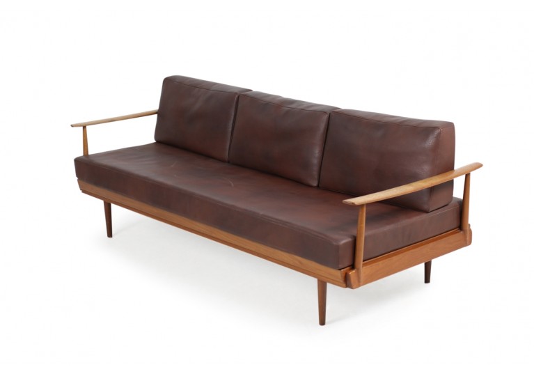 *SOLD* Rare 1960s Knoll Antimott Daybed, Teak & Leather Sofa