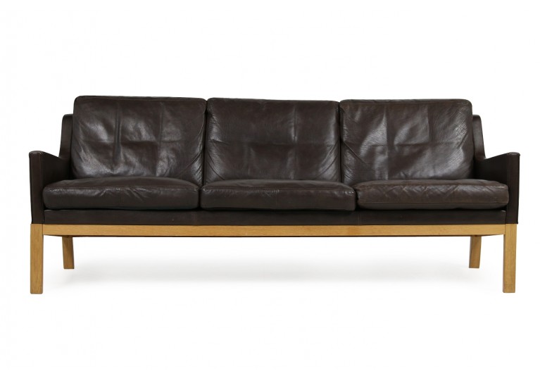 1960s Kai Lyngfeldt Larsen Oak & Brown Leather Sofa Soren Willadsen