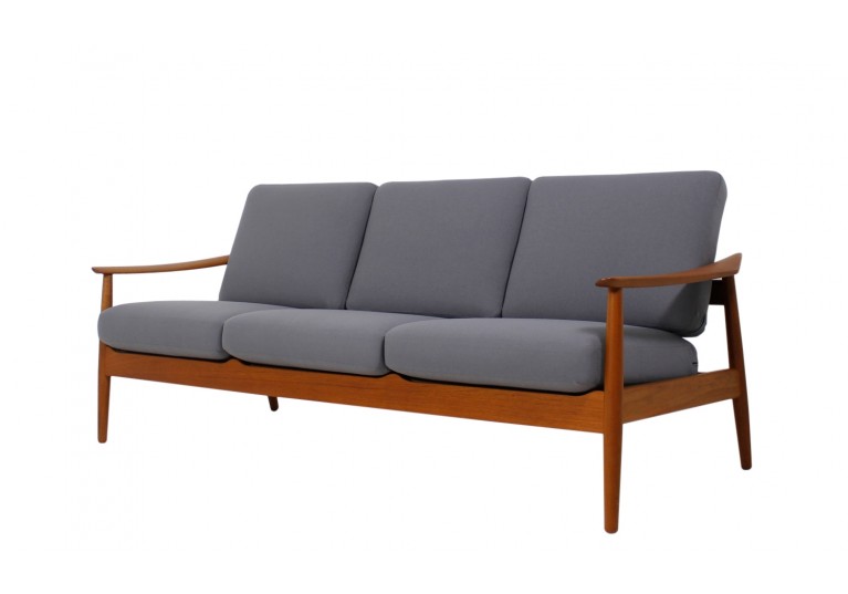 60er Teak Sofa, Arne Vodder, France & Son Denmark, danish modern, Webstoff grau