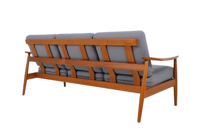60er Teak Sofa, Arne Vodder, France & Son Denmark, danish modern, Webstoff grau