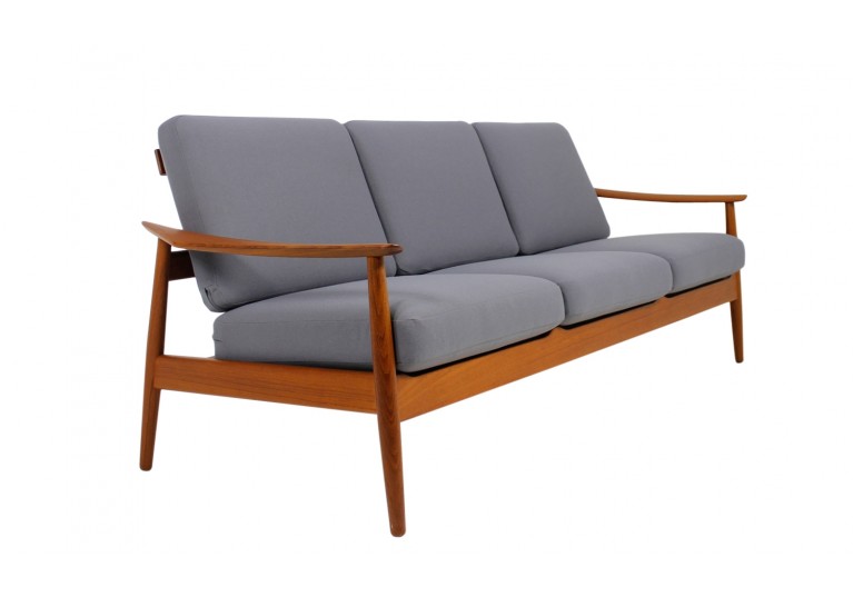 60er Teak Sofa, Arne Vodder, France & Son Denmark, danish modern, Webstoff grau